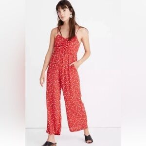 Madewell Ruched Wide Leg Jumpsuit in Prairie Posies Size 0 Red Floral